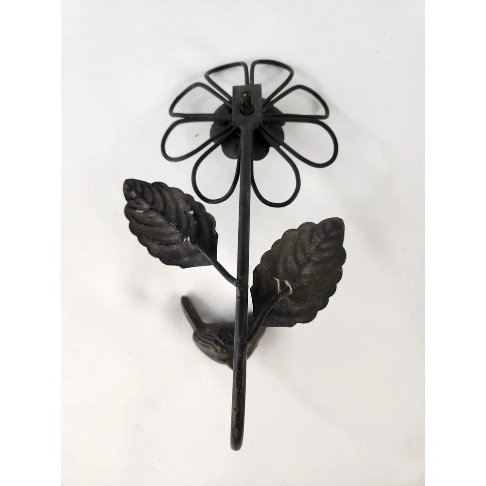 Bird and Flower Decorative Cast Metal Wall Mount Rustic Hook Daisy Cottagecore